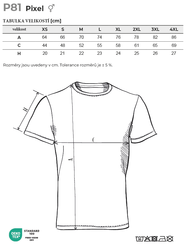 P81 Pixel tričko unisex Tabulka velikostí